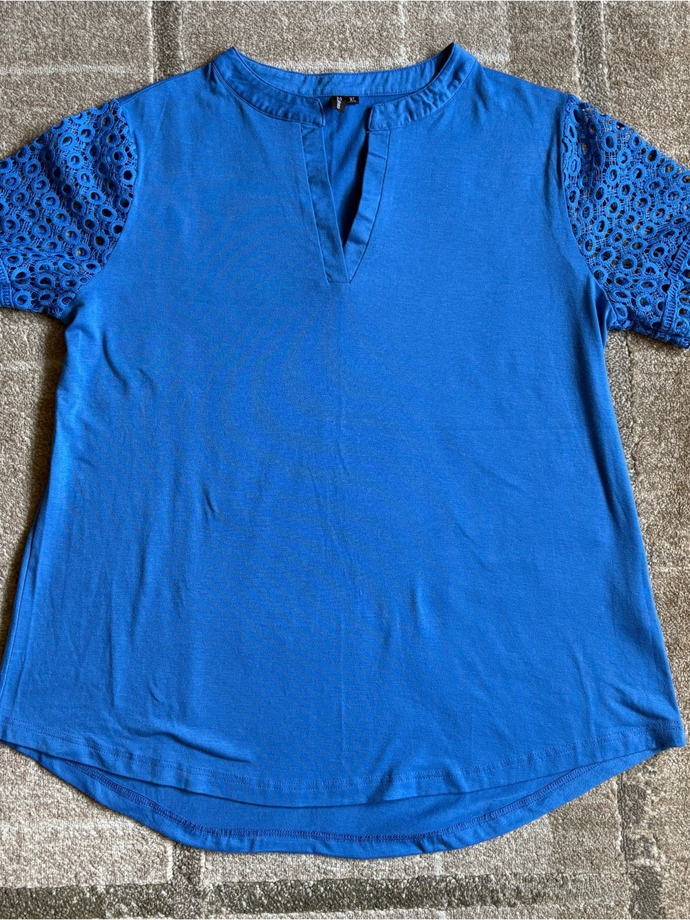 Blue Knit Top with Lace Crochet Sleeves - Zattcas Size XL